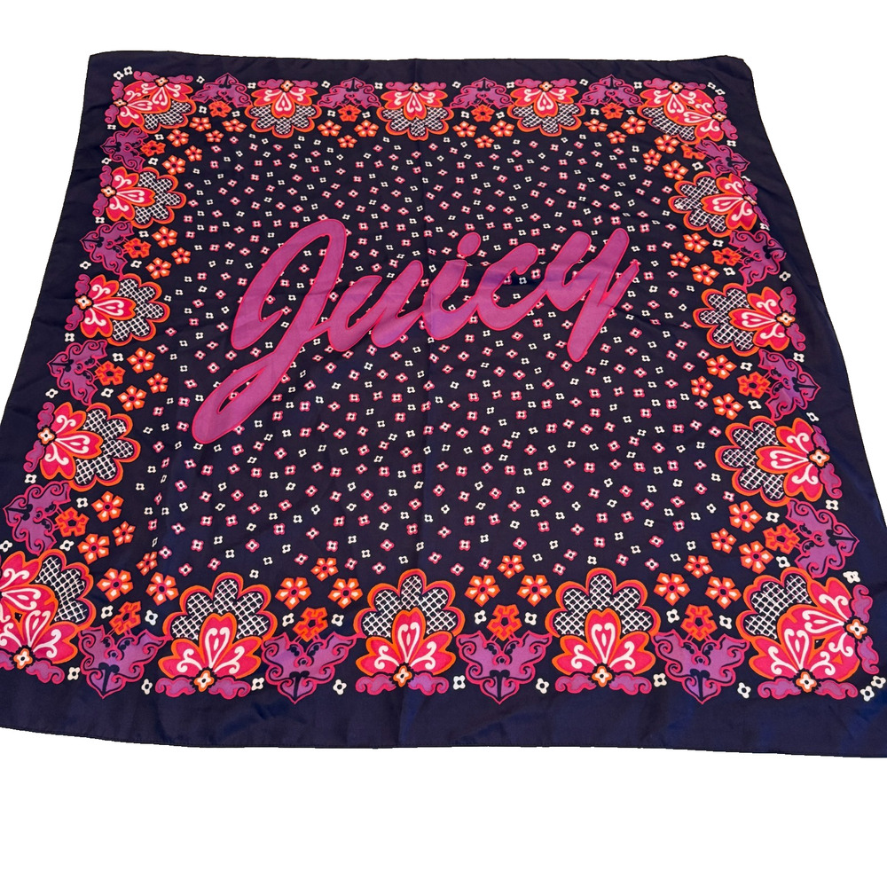 Juicy Couture Navy Pink Orange Paisley Logo Square Scarf 35"